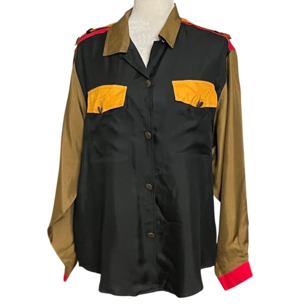 Carole Little Silk Blouse Womens 10 Petite Colorblock Military Style Vintage